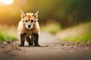 une Renard en marchant sur une saleté route dans le milieu de le journée. généré par ai photo