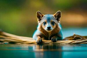 une Renard séance sur une branche dans le l'eau. généré par ai photo