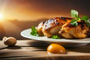 poulet sur une assiette avec une bol de des œufs. généré par ai photo