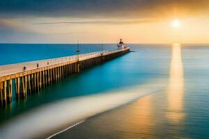 une longue exposition photographier de une jetée à le coucher du soleil. généré par ai photo