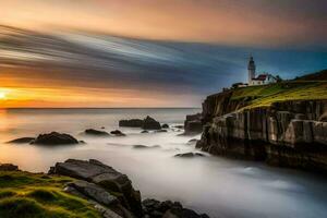 une phare est assis sur le bord de une falaise surplombant le océan. généré par ai photo