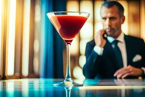 une homme dans une costume est séance à une table avec une martini. généré par ai photo