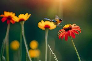 une oiseau en volant plus de une fleur avec Soleil brillant dans le Contexte. généré par ai photo