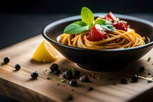 Pâtes avec des fraises et basilic sur une en bois planche. généré par ai photo