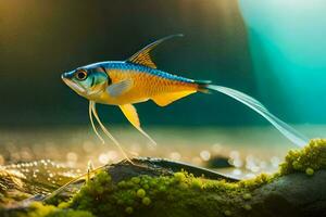 une poisson avec une longue queue est permanent sur le rochers. généré par ai photo