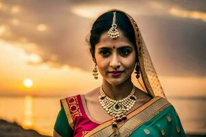 une magnifique Indien femme dans traditionnel tenue. généré par ai photo