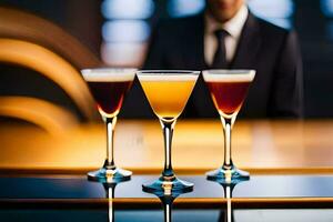 Trois différent des cocktails sur une bar. généré par ai photo