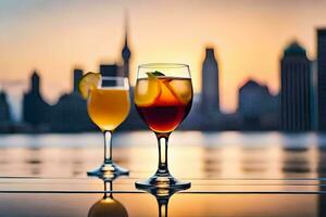 deux des lunettes de du vin avec une vue de le ville. généré par ai photo