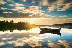 une bateau sur une Lac à le coucher du soleil. généré par ai photo