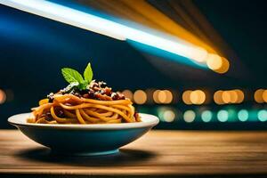 une assiette de spaghetti avec une lumière Contexte. généré par ai photo