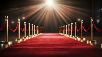 rouge tapis et barrières avec velours corde, rouge rideaux dans le Contexte et projecteur photo