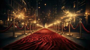 rouge tapis et barrières avec velours corde, rouge rideaux dans le Contexte et projecteur photo