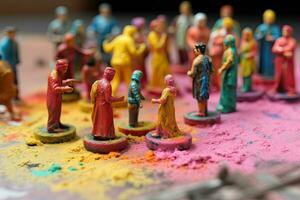 Indien vacances Holi diorama. miniature coloré gens avec des peintures célébrer le hindou début de printemps. brillant coloré concept établi avec génératif ai La technologie photo