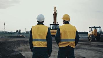 deux ouvriers, arrière voir, sur construction placer. ingénieurs dans protecteur uniformes et casques à travail. construction de bâtiments, établi avec génératif ai La technologie photo