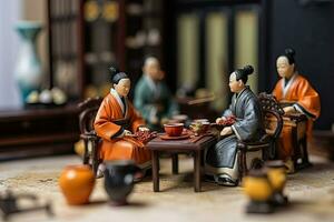 miniature thé cérémonie. petit diorama de chinois gens dans ancien traditionnel vêtements en buvant à base de plantes thé. concept de thé en buvant, bouddhisme, établi avec génératif ai La technologie photo