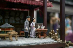 vieux chinois homme et femme dans miniature style. asiatique peu jouet mari et épouse établi avec génératif ai La technologie photo