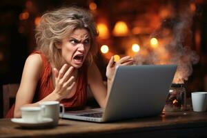 pontage lacunes en colère femme portable défis à Bureau résolu par génératif ai photo