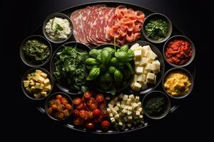 sain le banquet du boeuf poulet oignon tomate pétrole vert feuille sur table génératif ai photo