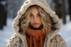 hiver lueur captivant image de une fille avec blanc d'or cheveux bleu œil portant saisonnier tenue et casquette génératif ai photo