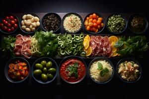 délicieux dîner arrangement du boeuf poulet oignon tomate pétrole avec Frais vert feuille génératif ai photo