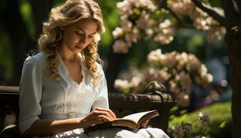 souriant femme en train de lire livre, profiter la nature beauté et relaxation généré par ai photo