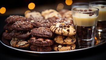 indulgent fait maison dessert une empiler de Chocolat puce biscuits sur bois généré par ai photo