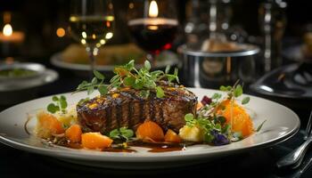 grillé steak, cuit Viande, Frais légumes, bien à manger, sélectif concentrer généré par ai photo