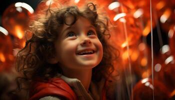 souriant enfant, mignonne et joyeux, profiter Noël lumières et hiver généré par ai photo