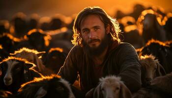 une souriant agriculteur et le sien chien liaison avec bétail à le coucher du soleil généré par ai photo