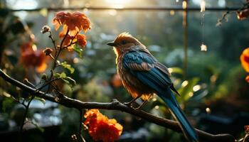 une vibrant oiseau se percher sur une bifurquer, mettant en valeur Naturel beauté généré par ai photo