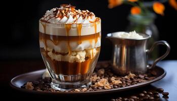 une rafraîchissant café Pause avec une mousseux latté et dessert généré par ai photo