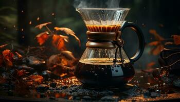 chaud boire, café tasse, bois tableau, flamme, Frais obscurité, liquide généré par ai photo