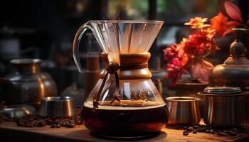 café magasin barista verse chaud boisson dans une rustique café tasse généré par ai photo