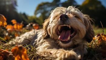 mignonne chiot en jouant dans le herbe, profiter le l'automne lumière du soleil généré par ai photo