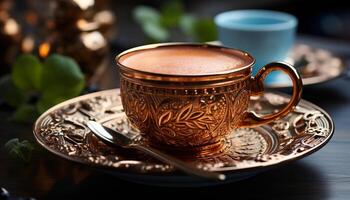 café tasse sur en bois tableau, chaleur et fraîcheur dans le air généré par ai photo