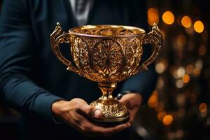 proche en haut de une d'or trophée dans le mains de une homme génératif ai photo