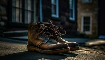 vieux, sale Hommes dans vieux façonné cuir des chaussures en marchant dans le ville généré par ai photo