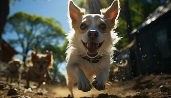 mignonne chiot en jouant dans le lumière du soleil, joyeux et de bonne humeur généré par ai photo