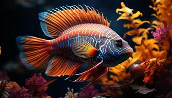 vibrant couleurs de rayé poisson nager dans sous-marin tropical récif généré par ai photo