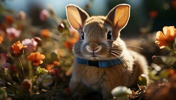 duveteux lapin séance dans prairie, profiter le beauté de la nature généré par ai photo