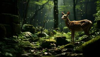 mignonne biche permanent dans une tranquille forêt, entouré par vert généré par ai photo