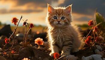 mignonne chaton en jouant dans le herbe, profiter le été lumière du soleil généré par ai photo