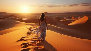 chuchote de le dunes arabe femme randonnée habilité par génératif ai photo