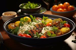 délicieux traiter poulet jambe légumes yaourt sur assiette une équilibré dîner génératif ai photo