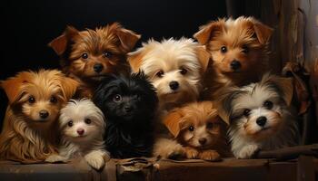 mignonne chiot séance, à la recherche à caméra, petit duveteux tour chien généré par ai photo