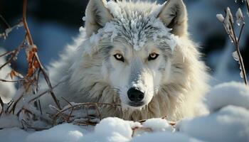 une mignonne Loup dans le neige, à la recherche à le caméra généré par ai photo