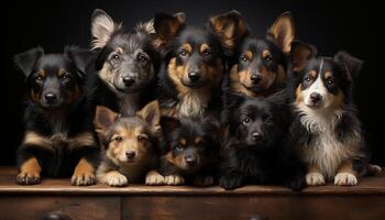 mignonne chiot séance, à la recherche à caméra, dans une petit groupe généré par ai photo