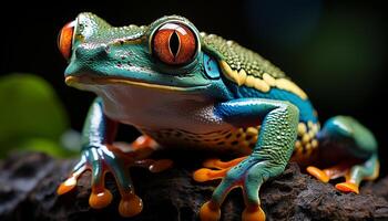 animal œil à la recherche à caméra, vert crapaud séance sur branche généré par ai photo