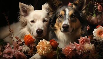 mignonne chiot séance, à la recherche à caméra, entouré par magnifique la nature généré par ai photo