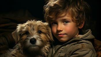mignonne enfant et chien, portrait de petit animal embrassement l'amour généré par ai photo